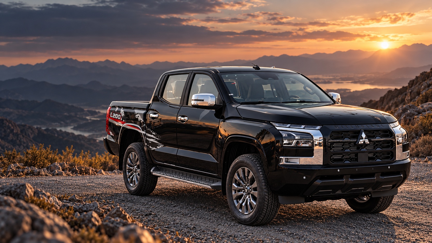 Чёрный Mitsubishi L200 на горной дороге
